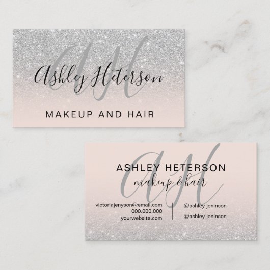 Make-up monogrammed roze zilveren glitter script visitekaartje (Voorkant / Achterkant)