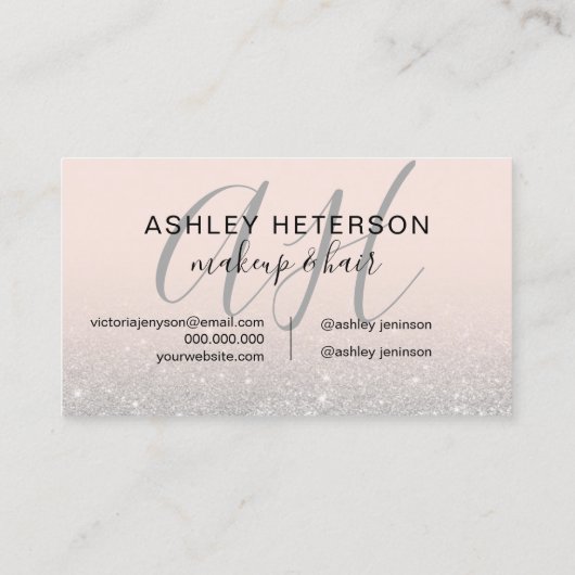 Make-up monogrammed roze zilveren glitter script visitekaartje (Achterkant)