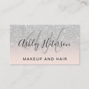 Make-up monogrammed roze zilveren glitter script visitekaartje