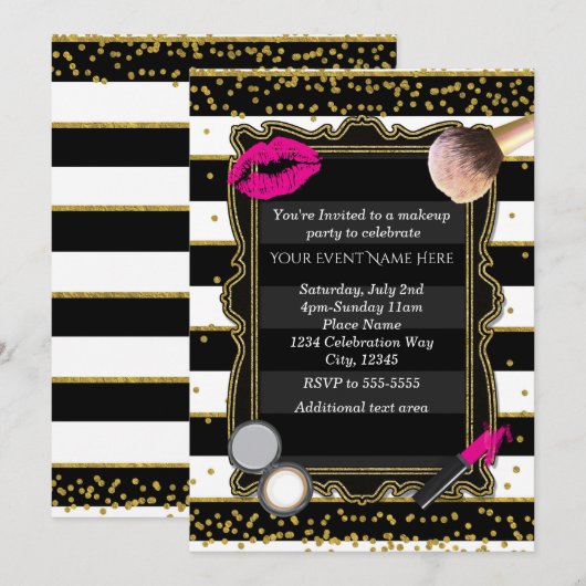 Make-up Party Gouden Confetti & Stripes Glamour Kaart (Voorkant / Achterkant)