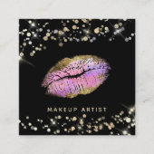 ~* Make-up Pastel Roze Lavendel Gouden Glitter Lip Vierkante Visitekaartje (Voorkant)