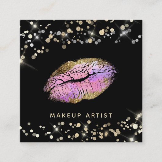 ~* Make-up Pastel Roze Lavendel Gouden Glitter Lip Vierkante Visitekaartje (Voorkant)
