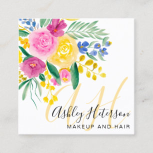 Make-up roze floral waterverf script monogram vierkante visitekaartje