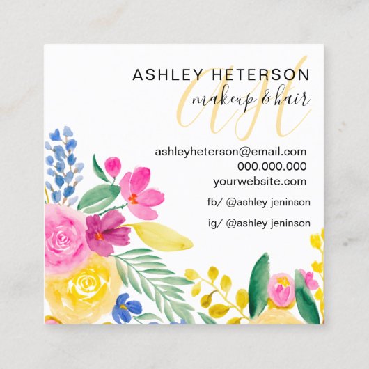 Make-up roze floral waterverf script monogram vierkante visitekaartje (Achterkant)