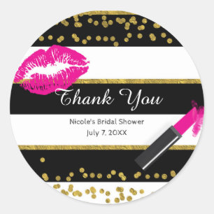 Make-up Roze Lippen Gouden Confetti & Strepen Glam Ronde Sticker