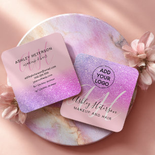 Make-up Roze paarse glitters logo monogram Vierkante Visitekaartje