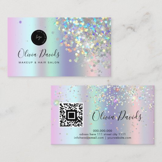 Make-up Salon Holografische Glitter & QR Code Holo Visitekaartje (Voorkant / Achterkant)
