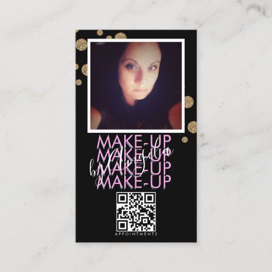 Make-up Salon QR Code Roze Zwart Glitter Foto Visitekaartje (Voorkant)