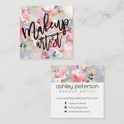 Make-up typografie moderne bloemen waterverf vierkante visitekaartje (Voorkant / Achterkant)