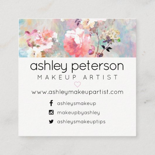 Make-up typografie moderne bloemen waterverf vierkante visitekaartje (Achterkant)