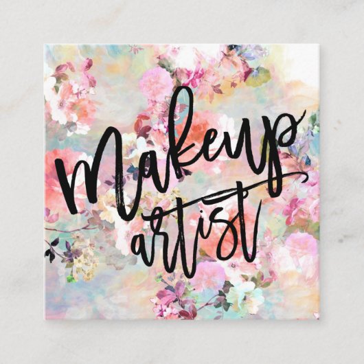 Make-up typografie moderne bloemen waterverf vierkante visitekaartje (Voorkant)