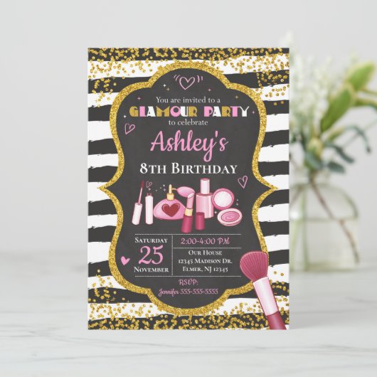 Make-up Verjaardag Uitnodiging / Glamour Party (Staand voorkant)