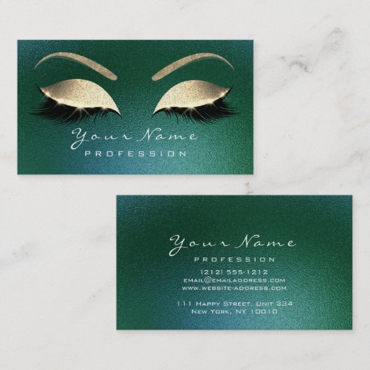 Make-up wenkbrauw ogen wimpers glitter groen goud visitekaartje (Voorkant / Achterkant)