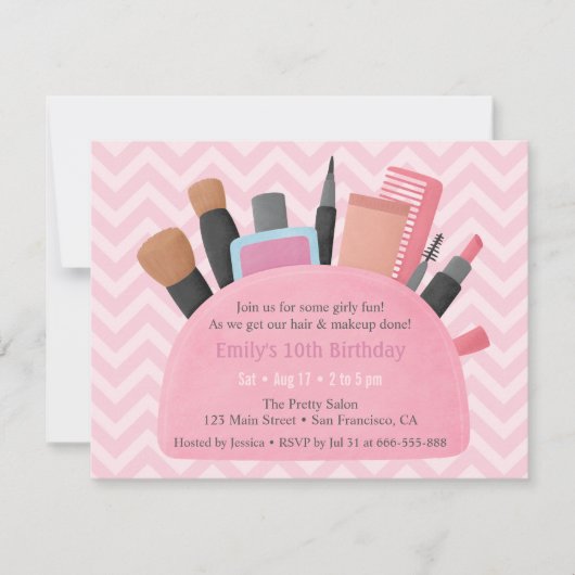 Make-up zakje meisjes verjaardagsfeestje uitnodigi kaart (Voorkant)