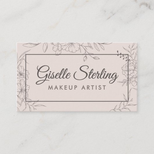 Make-upartiest Blush Pink Floral Line Art Script Visitekaartje (Voorkant)