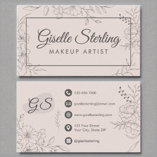 Make-upartiest Blush Pink Floral Line Art Script Visitekaartje