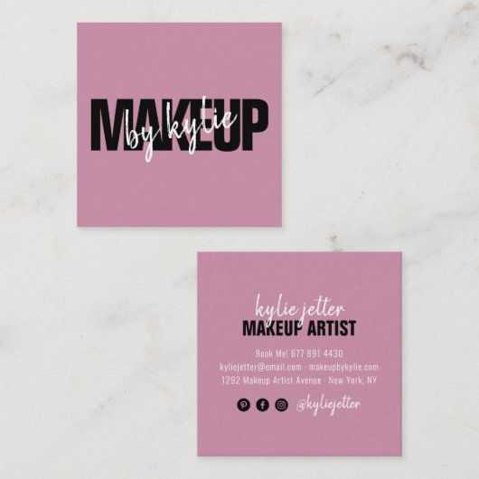 Make-upartiest chic typografie script violet paars vierkante visitekaartje (Voorkant / Achterkant)