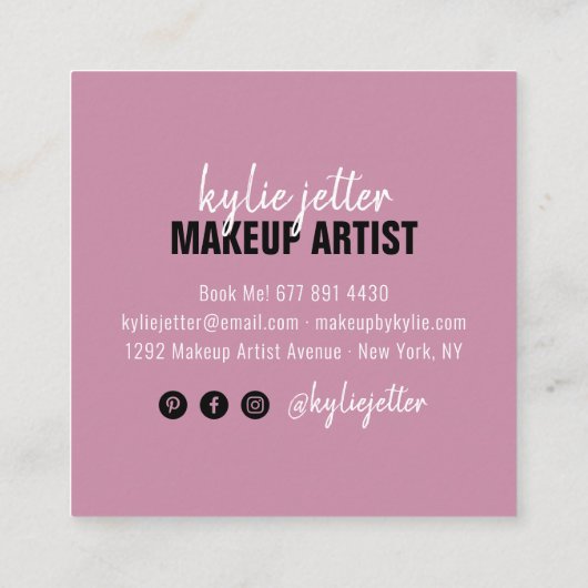 Make-upartiest chic typografie script violet paars vierkante visitekaartje (Achterkant)