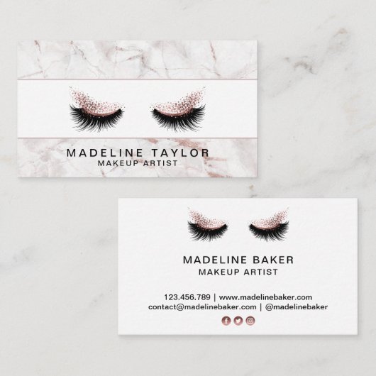 Make-upartiest Long Lashes Glitter Roos Gold Marbl Visitekaartje (Voorkant / Achterkant)