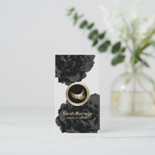 Make-upkunstenaar Custom Logo Elegant Zwart Bloeme Visitekaartje (Staand voorkant)