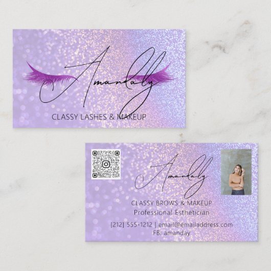 Make-upkunstenaar Lash QR LOGO Foto Glitter Violet Visitekaartje (Voorkant / Achterkant)