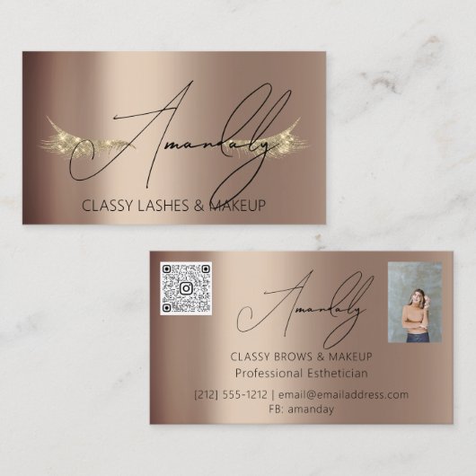 Make-upkunstenaar Lash QR LOGO Microblade Goud Roo Visitekaartje (Voorkant / Achterkant)