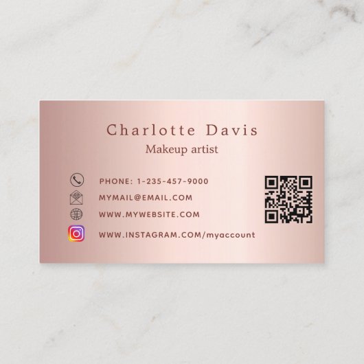 Make-upkunstenaar roos gouden lippenstift QR-code Visitekaartje (Achterkant)