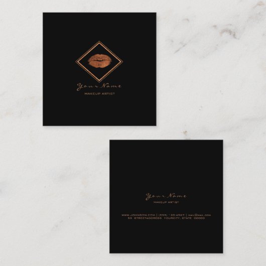 Make-upkunstenaar Zwart Lips Koper Roos Goud Lijst Vierkante Visitekaartje (Voorkant / Achterkant)