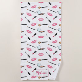 Make-uppatroon en roze lippen met eigen naam strandlaken