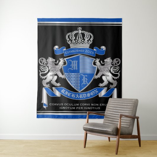 Make Your Own Coat of Arms Blue Silver Lion Emblem Wandkleed (In situ)
