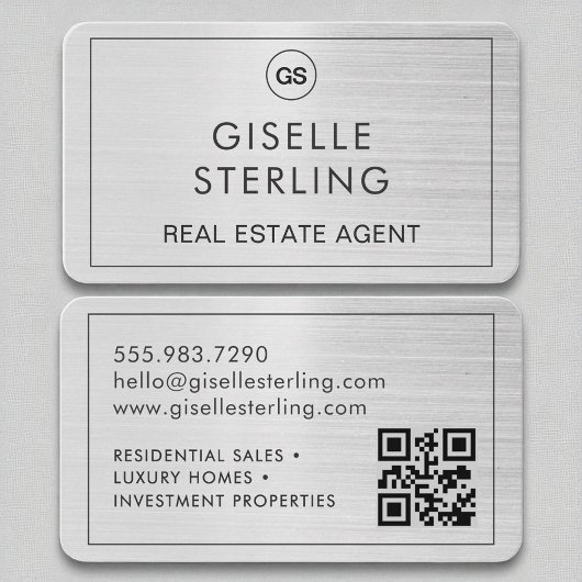 Makelaar geborsteld zilveren monogram QR-code Visitekaartje