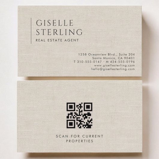 Makelaar in onroerend goed Luxe Neutrale Linnen QR Visitekaartje