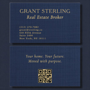 Makelaar in onroerend goed Navy Blue Goud Linen QR Visitekaartje