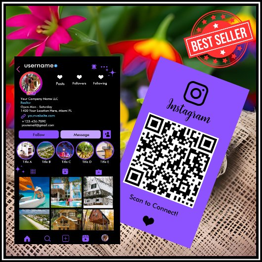 Makelaar Instagram Vastgoedmakelaar Paarse QR Visitekaartje