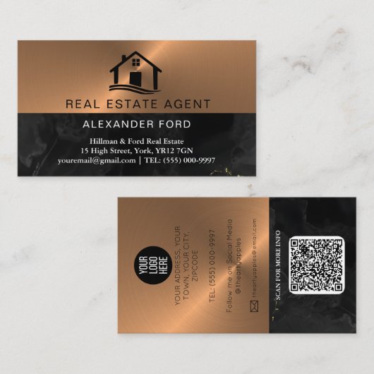 Makelaar koper Metallic Gold Marmer Visitekaartje (Voorkant / Achterkant)