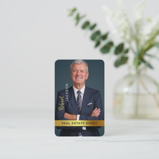 Makelaar makelaar zwart goud aangepaste foto visitekaartje (Staand voorkant)