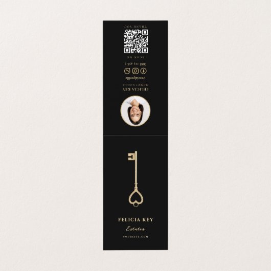 Makelaar Makelaar Zwart Goud Sleutel QR Foto Visitekaartje (Buitenkant ongevouwen)
