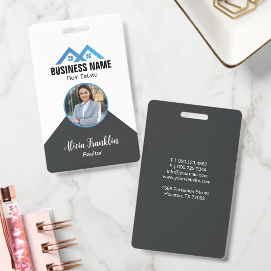Makelaar Modern Zwart Blauwe Vastgoedmakelaar Foto Badge (Kantoor)