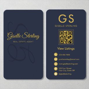 Makelaar Navy Blue Gold QR Code Monogram Visitekaartje