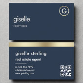Makelaar Navy Blue QR Code Gold Monogram Visitekaartje