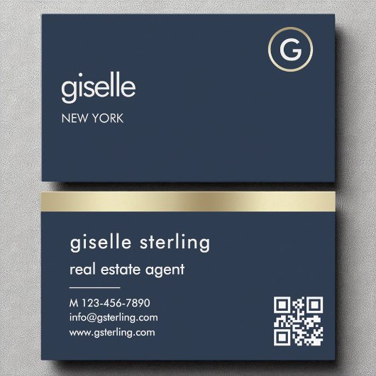 Makelaar Navy Blue QR Code Gold Monogram Visitekaartje