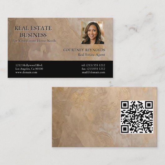Makelaar Pasfoto Beige Goud Textuur QR-code  Visitekaartje (Voorkant / Achterkant)