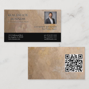 Makelaar Pasfoto Beige Goud Textuur QR-code Visitekaartje