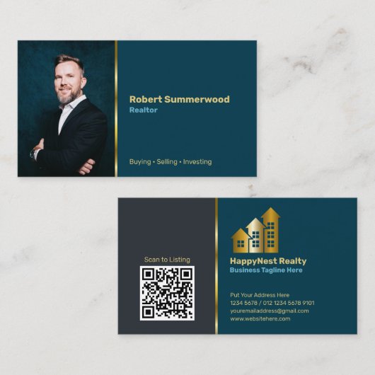 Makelaar Persoonlijke Foto, QR-code, Logo Navyblau Visitekaartje (Voorkant / Achterkant)