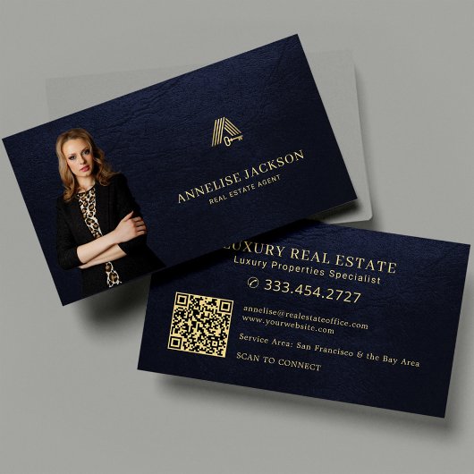 Makelaar QR-code foto luxe navy goud Visitekaartje