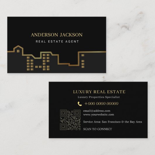 Makelaar QR Code Luxe Zwart Goud Contactkaartje (Voorkant / Achterkant)