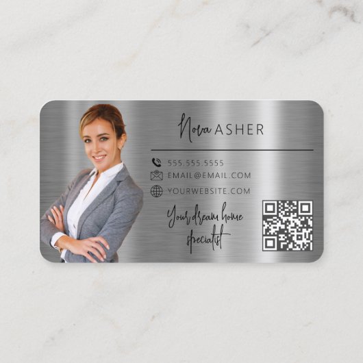 Makelaar Realtor Foto QR Code Faux Metal Visitekaartje (Achterkant)