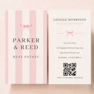 Makelaar Roze Groene Gestreepte Strik QR-code Visitekaartje