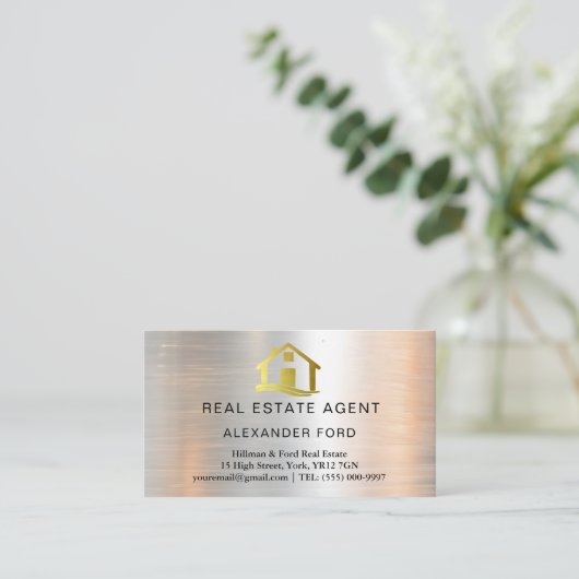 Makelaar zilver Metallic Gold Marmer Visitekaartje (Staand voorkant)