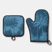 Makena Beach Hawaiian Sketchy Palmen Blauw Ovenwant & Pannenlap Set (Voorkant)
